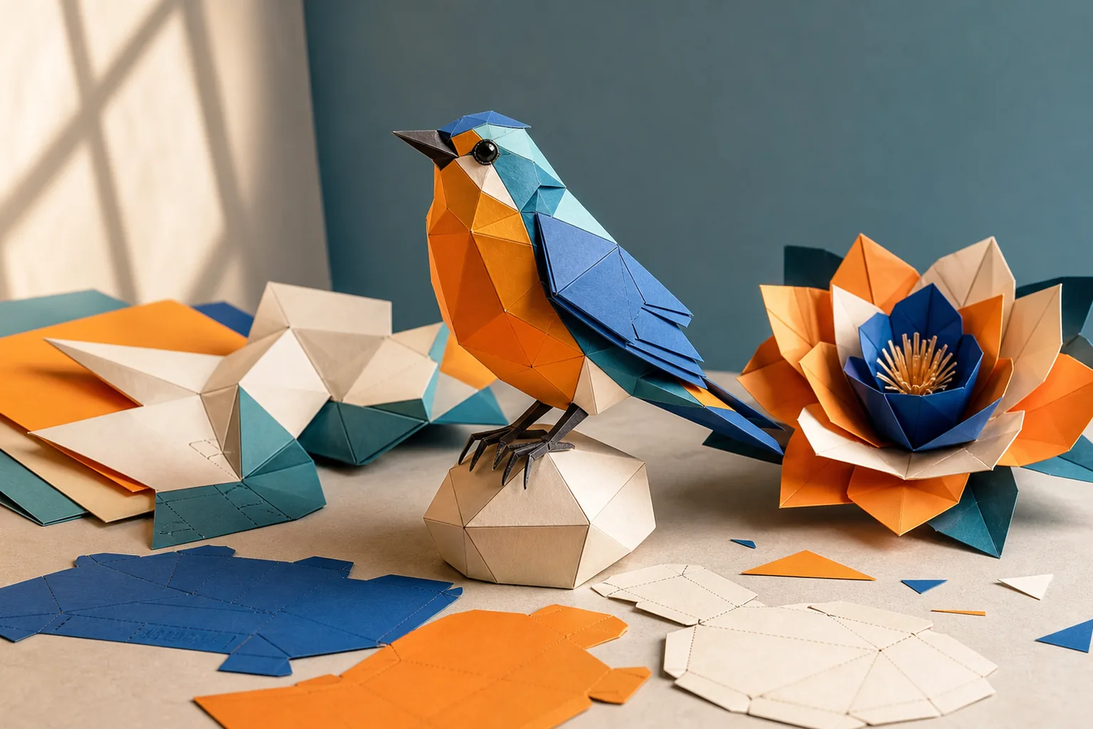 Feuilles de papier transformées en sculptures papercraft