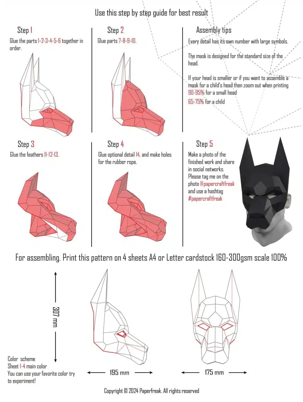 Dobermannmasker papercraft 3D, weergave 4