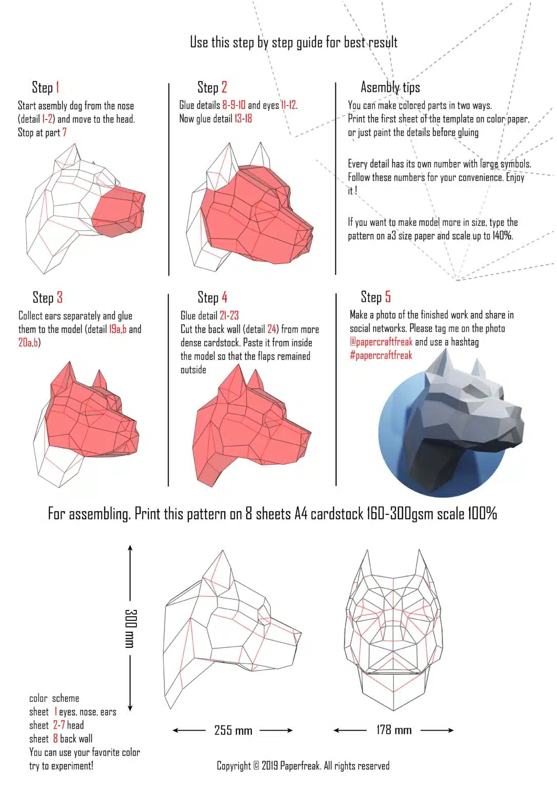 Tête de pitbull en papercraft 3D