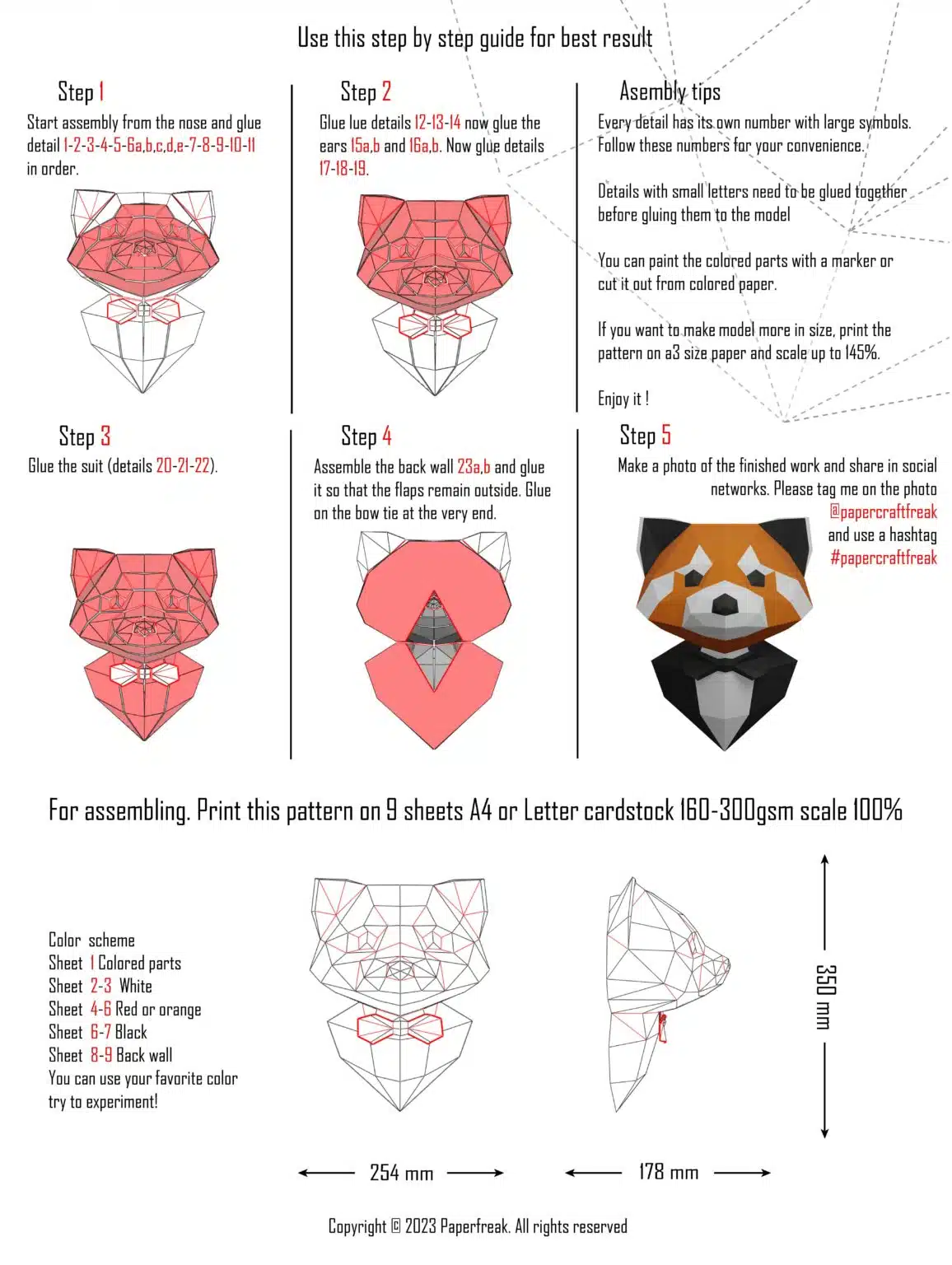 Papercraft di panda rosso in costume in origami 3D