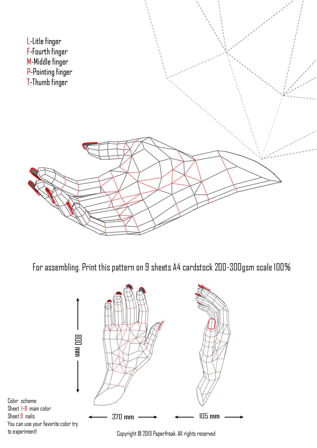 Papercraft of a right hand in origami 3D