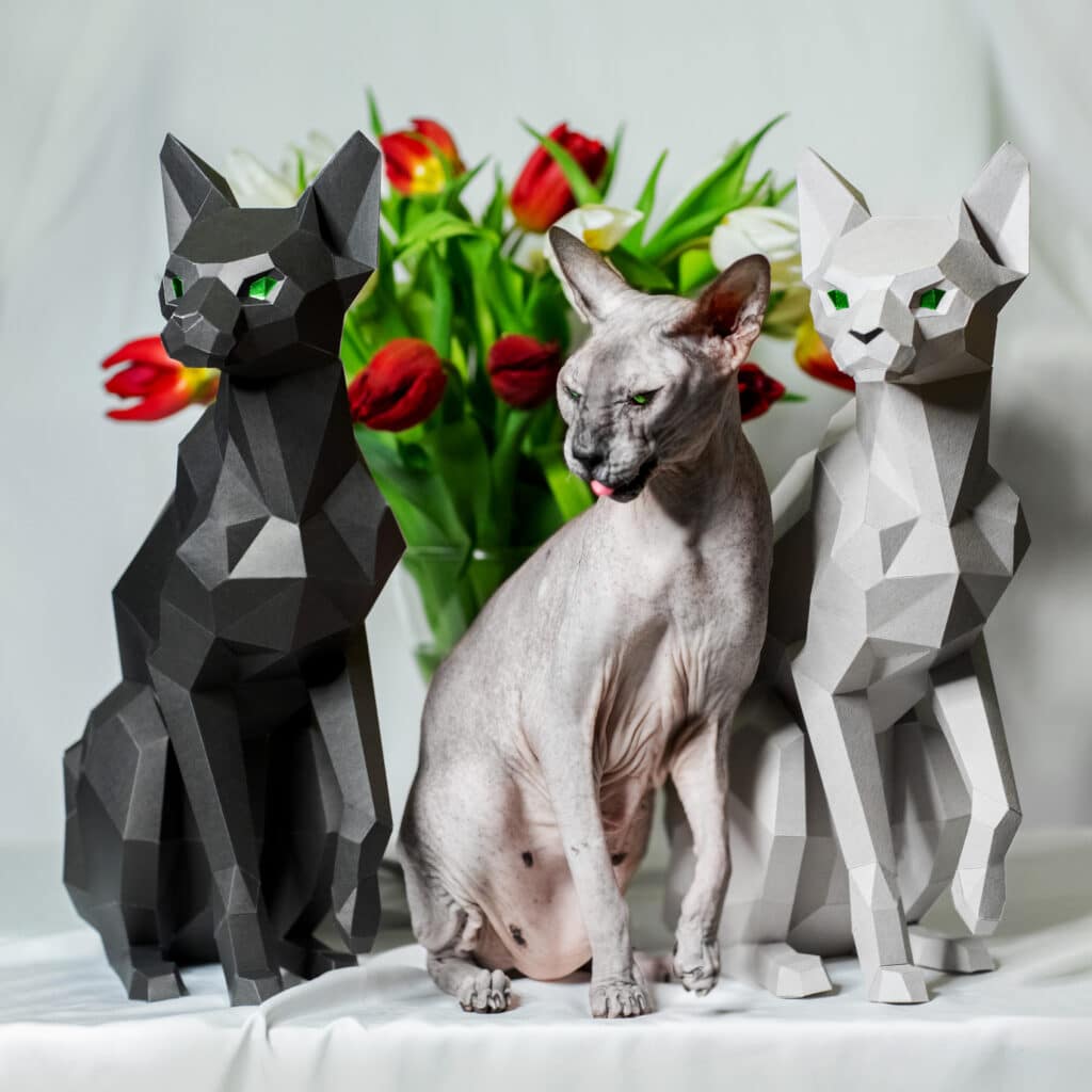 Papercraft de chat sphynx assis en origami 3D