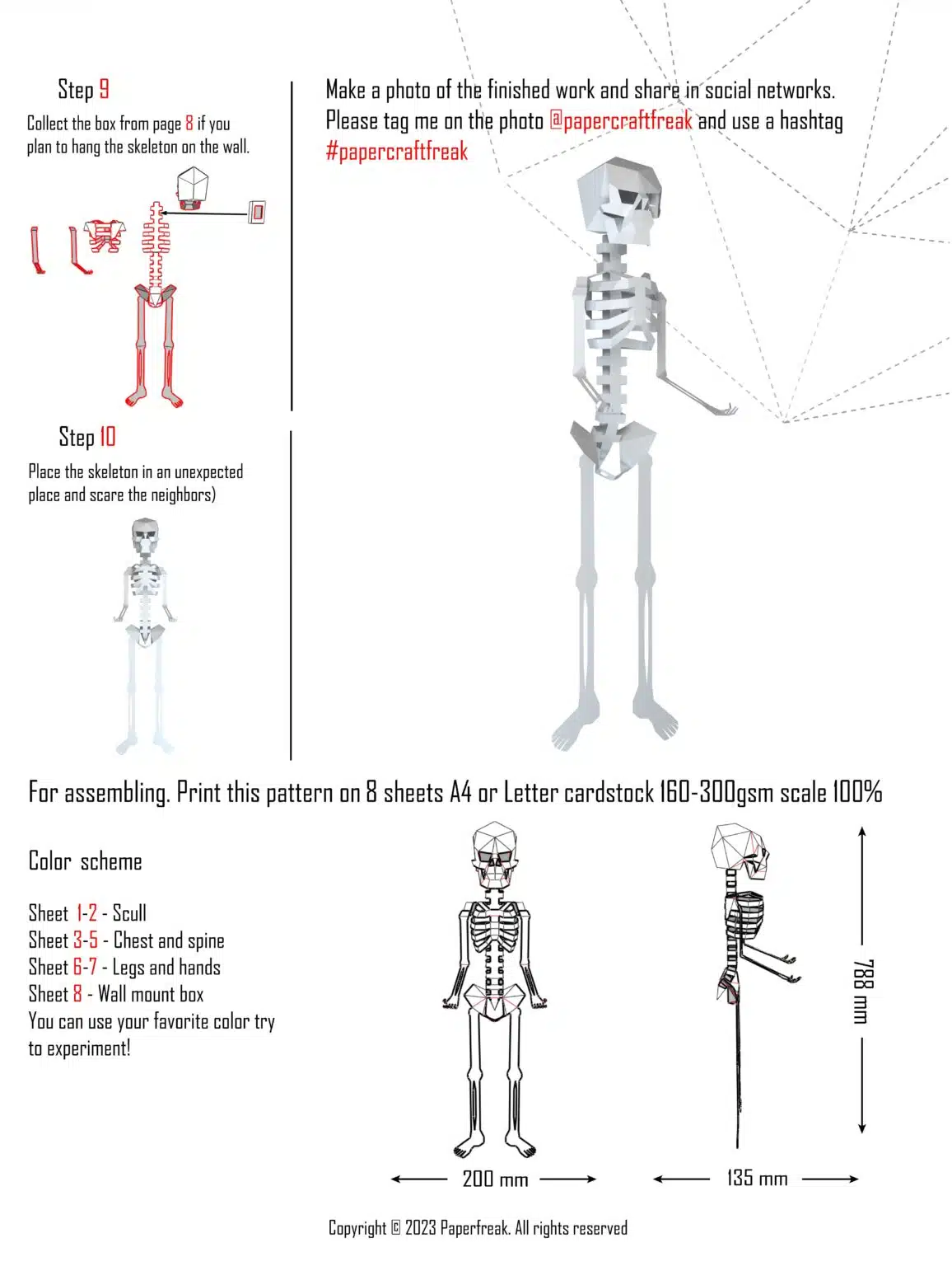 Papercraft Halloween skeleton in 3D origami