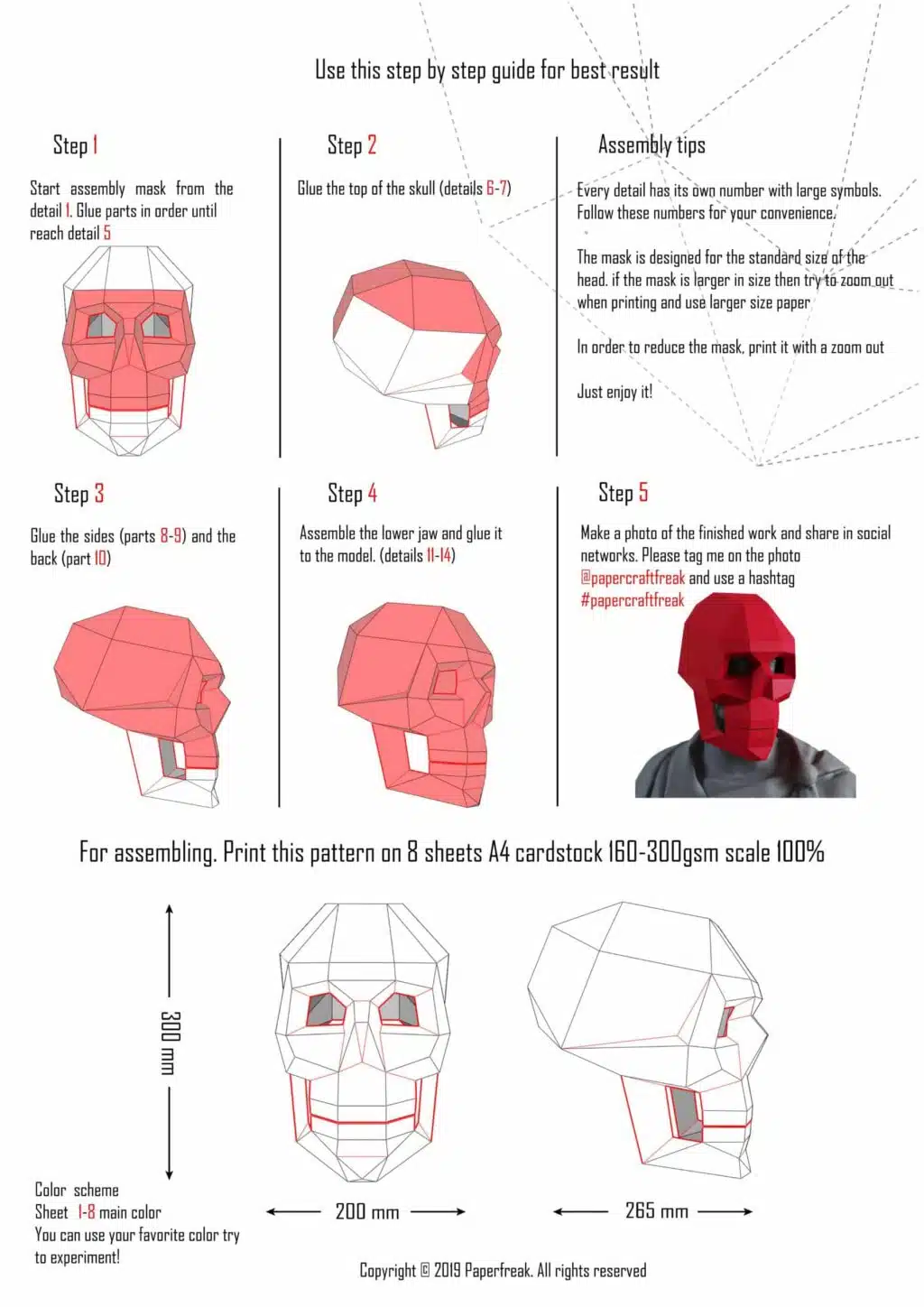 Doodskopmasker in 3D-papercraft, weergave 3