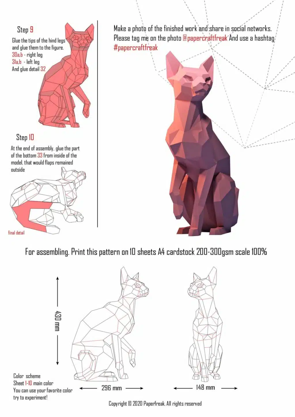 Sfinx kat sculptuur zittend papercraft, weergave 3