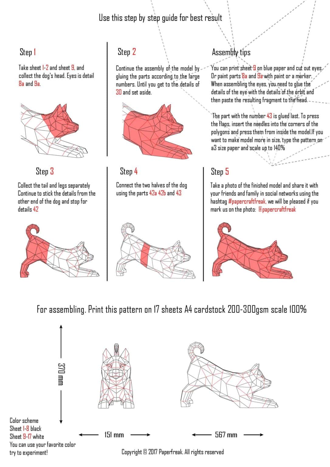 Papercraft of lounging husky in origami 3D