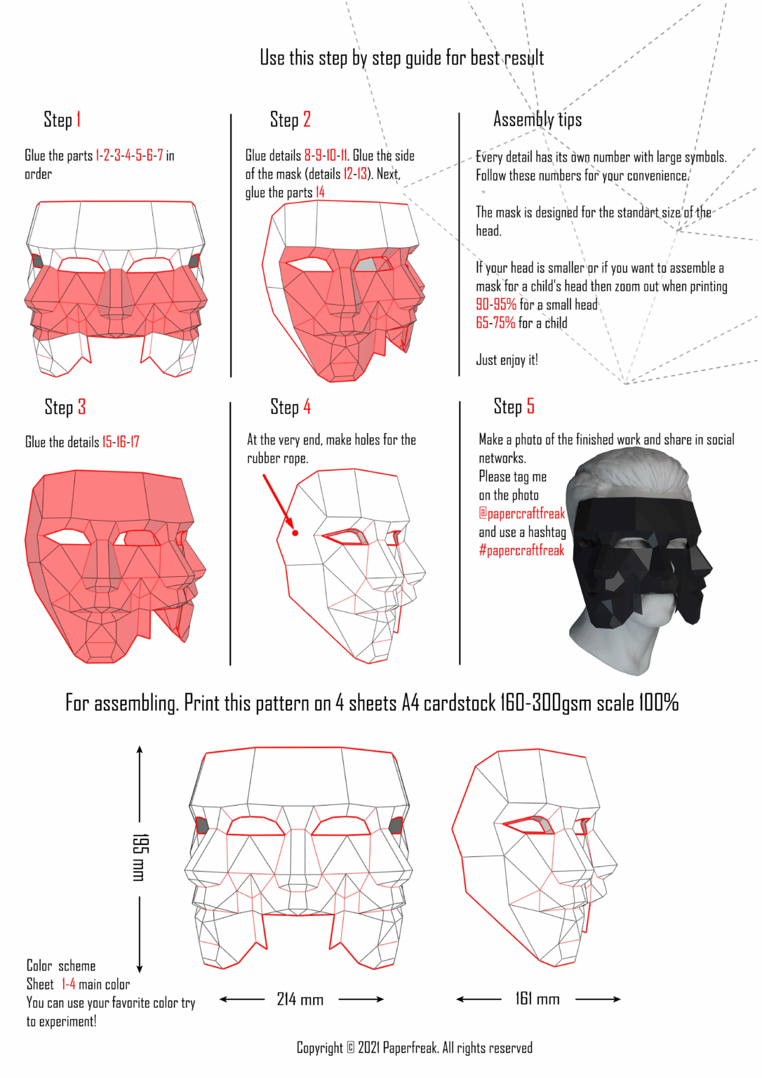 Papercraft de máscara veneziana com três rostos em origami 3D