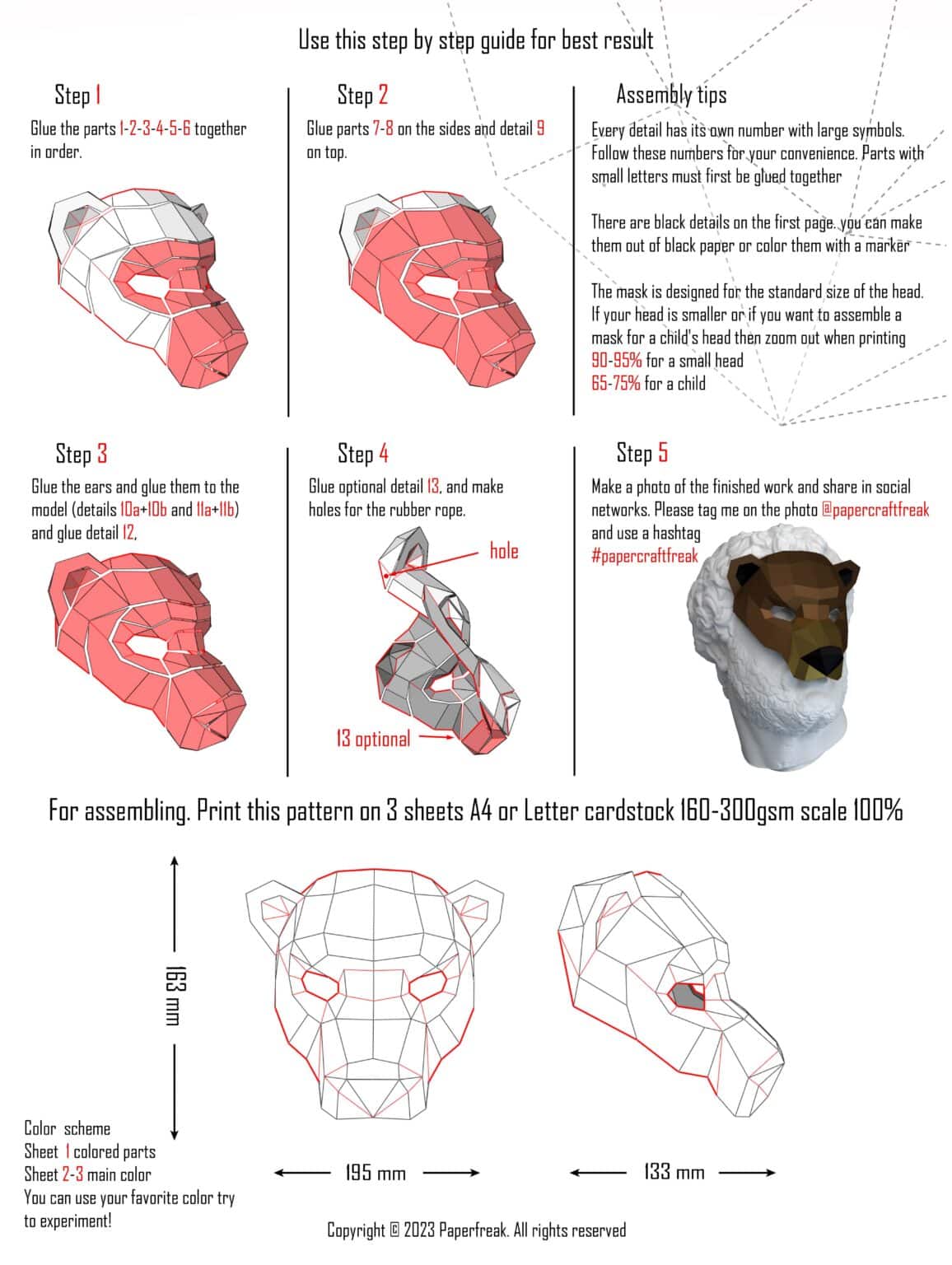 Papercraft de máscara de lobo en origami 3D