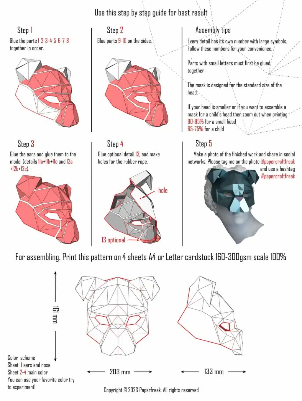 Hond masker papercraft 3D, weergave 3