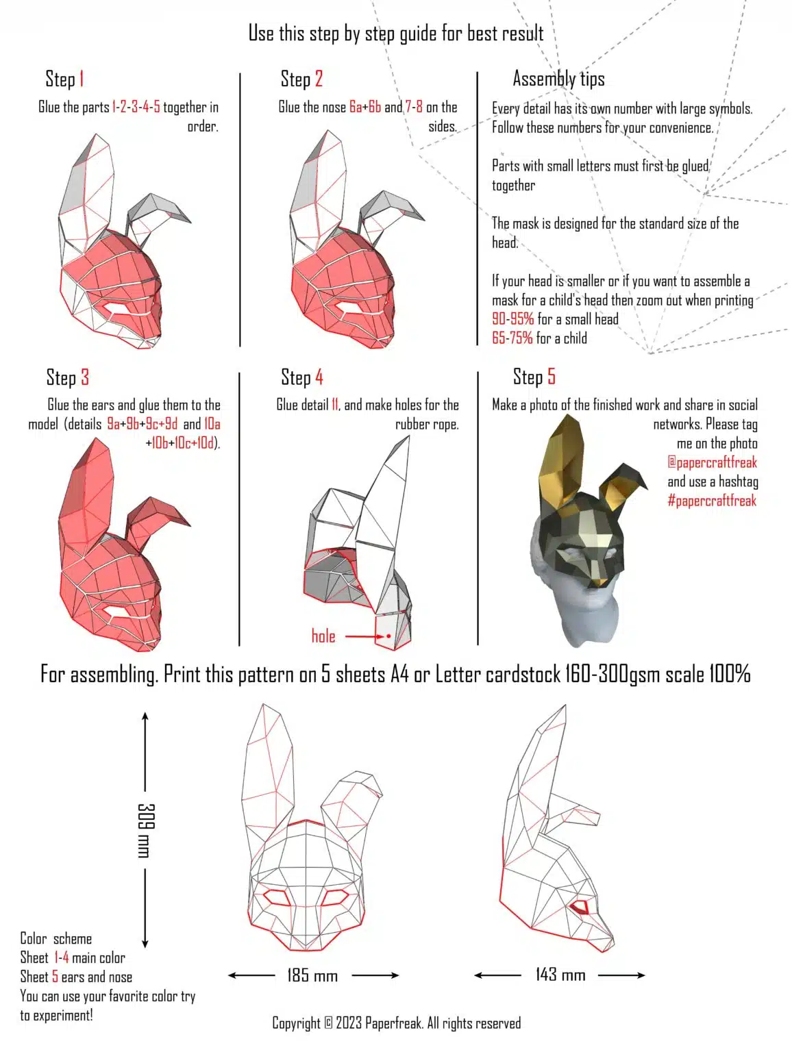 Papercraft rabbit mask en origami 3D