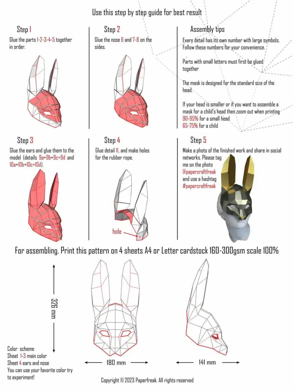 3D papercraft konijnenmasker, weergave 3