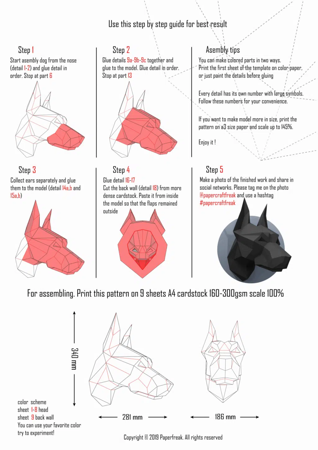 Origami 3D dobermannkop, weergave 2