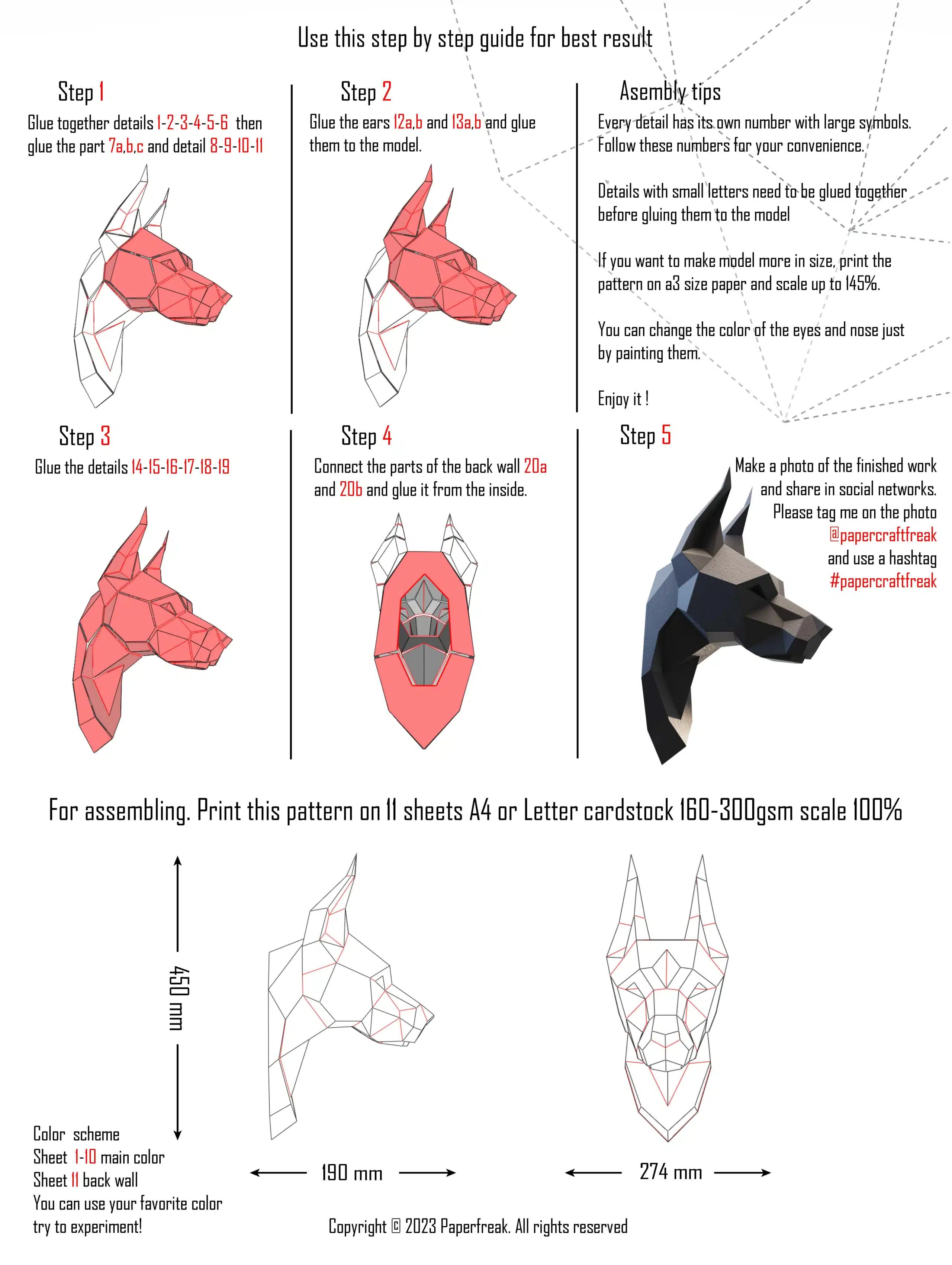 Dobermann kop papercraft 3D, weergave 4