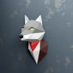 Grijze wolfkop muurdecoratie in papercraft 3D, weergave 6