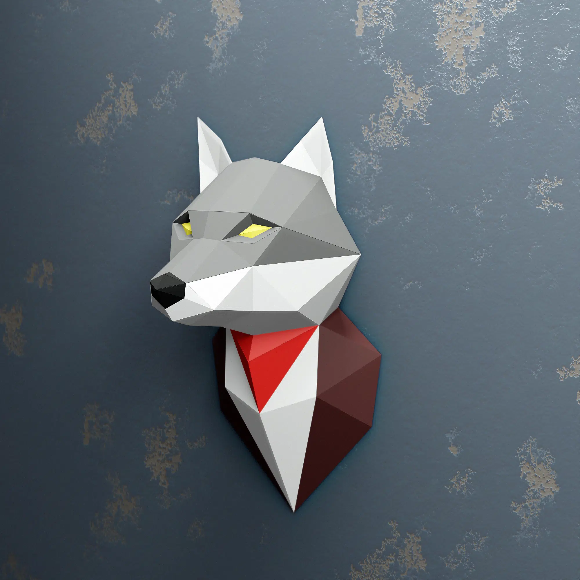 Grijze wolfkop muurdecoratie in papercraft 3D, weergave 6