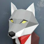 Grijze wolfkop muurdecoratie in papercraft 3D, weergave 5
