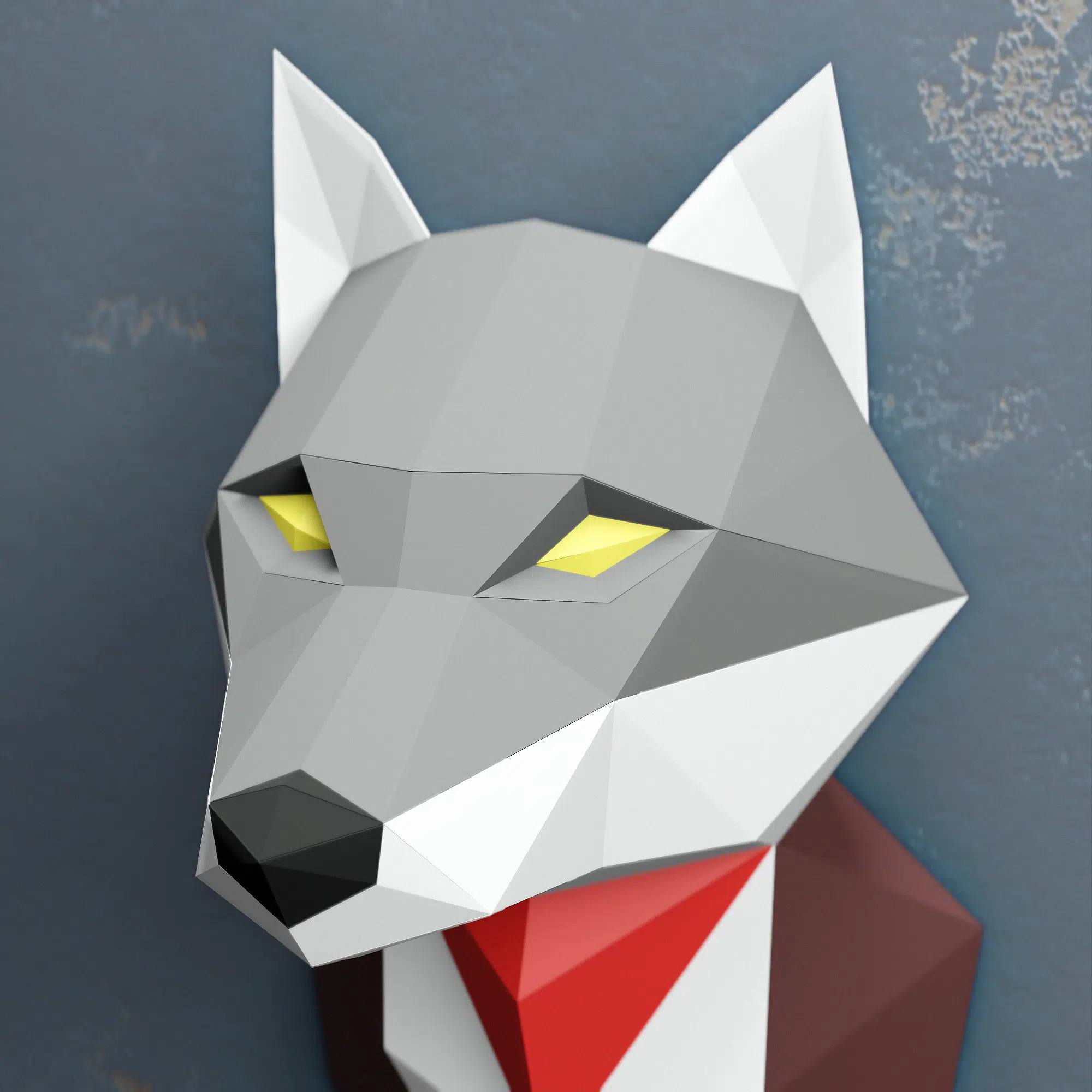 Grijze wolfkop muurdecoratie in papercraft 3D, weergave 5