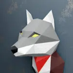 Grijze wolfkop muurdecoratie in papercraft 3D, weergave 4