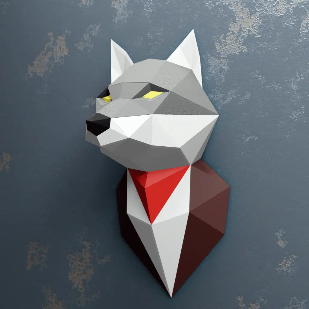 Cabeça de lobo cinza de parede em papercraft 3D