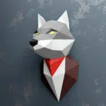 Grijze wolfkop muurdecoratie in papercraft 3D, 3D-model