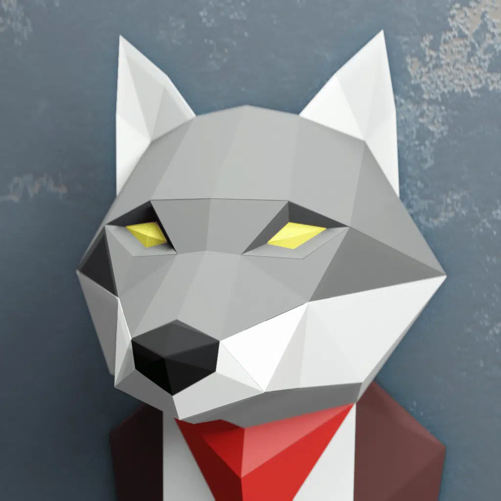 Grijze wolfkop muurdecoratie in papercraft 3D, weergave 2