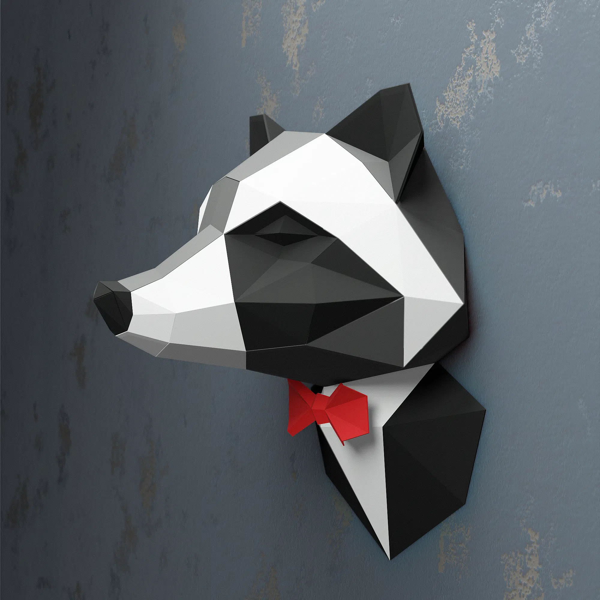 Guaxinim de terno em papercraft 3D, vista 2