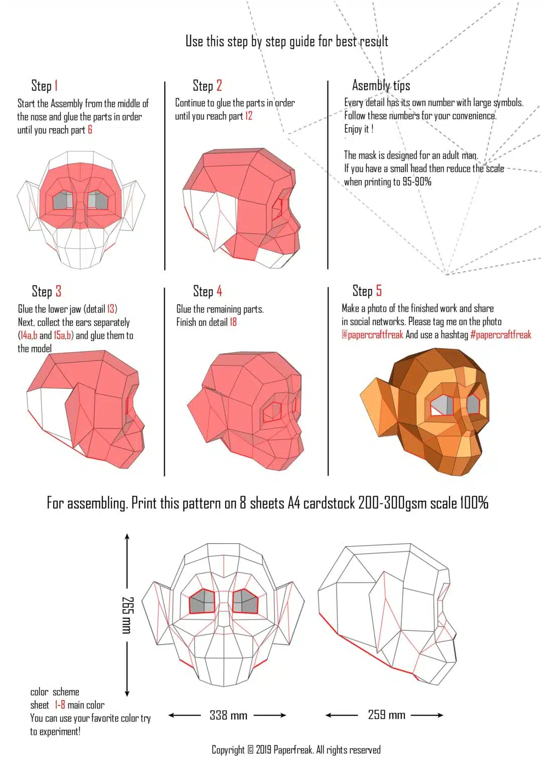 Papercraft de macaco máscara de Halloween em origami 3D
