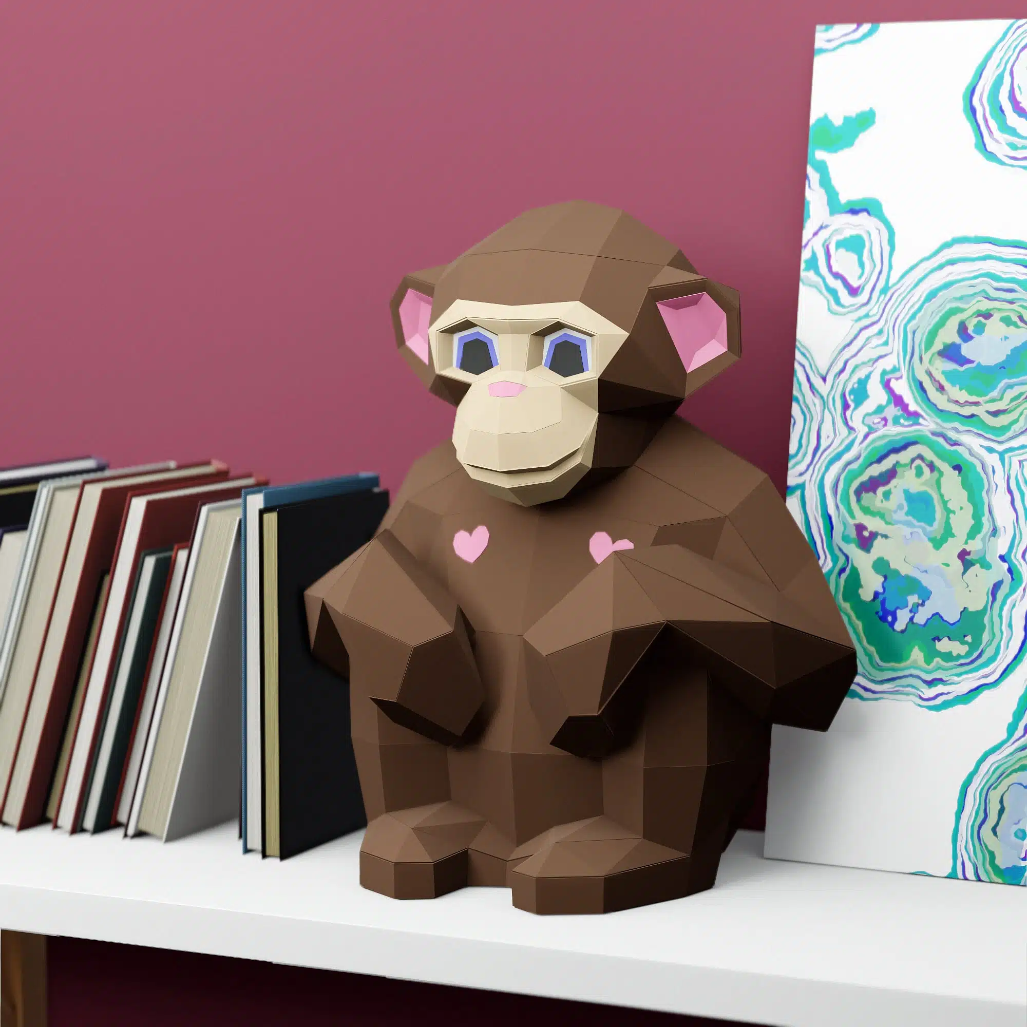 Zittende aap met hartjes in 3D-origami, weergave 4