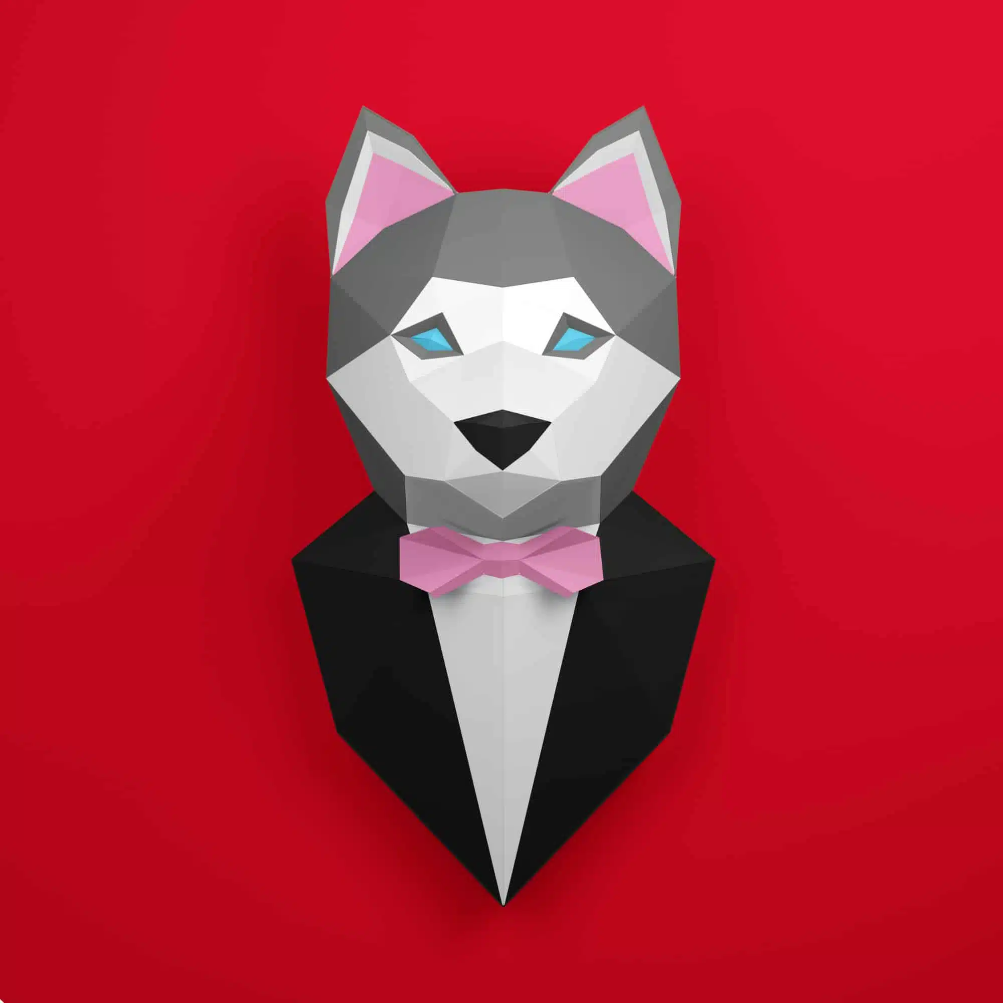 Escultura de cachorro husky em papercraft 3D, vista traseira