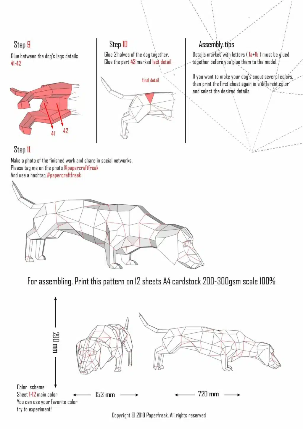 Dachshund papercraft 3D, weergave 3