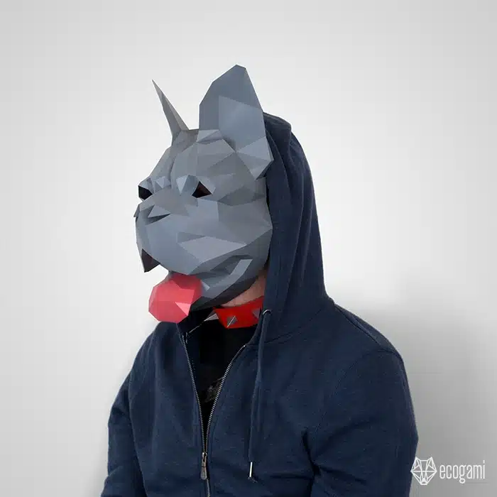 Papercraft máscara de buldogue francês em origami