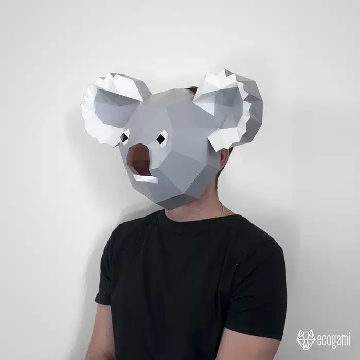 Papercraft máscara de coala branco em origami