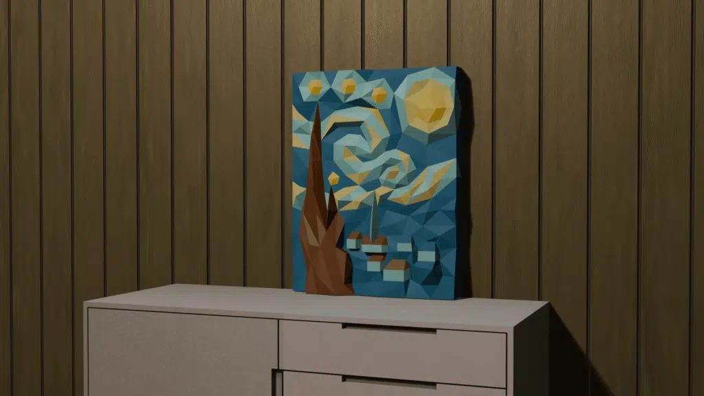 De sterrennacht - 3D papercraft schilderij geïnspireerd op Van Gogh, weergave 3