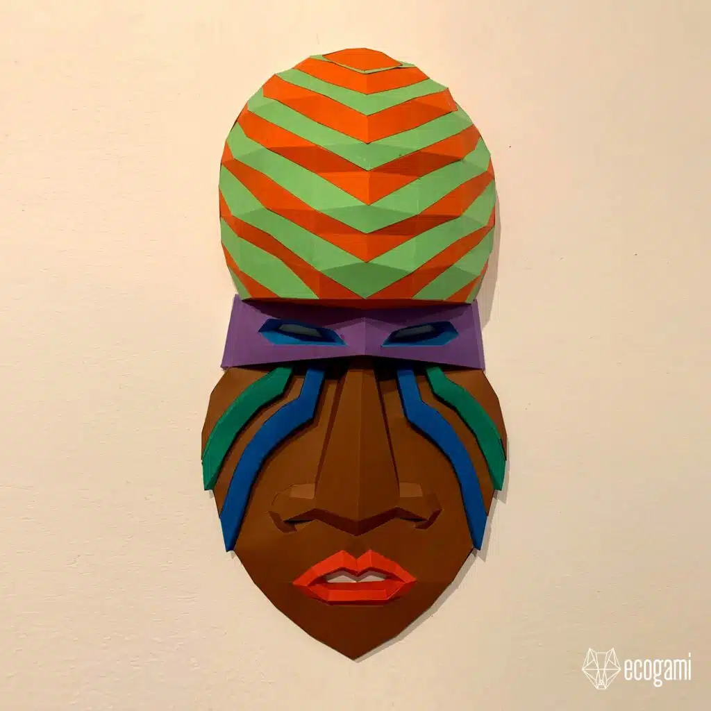 Papercraft Afrikaans masker in 3D-origami, weergave 4