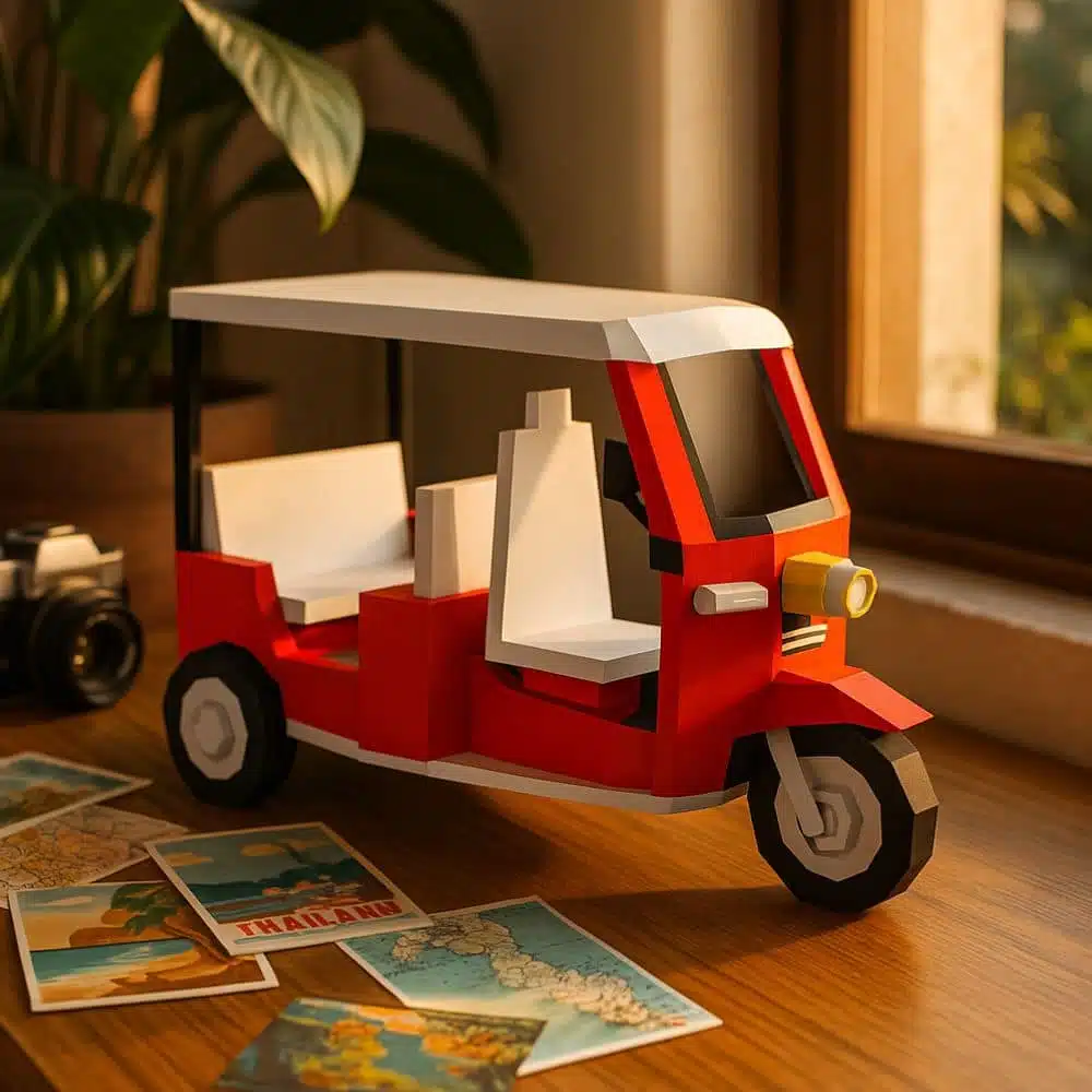 Tuk-tuk - Driekkerige Aziatische driewieler in papercraft 3D, weergave 4