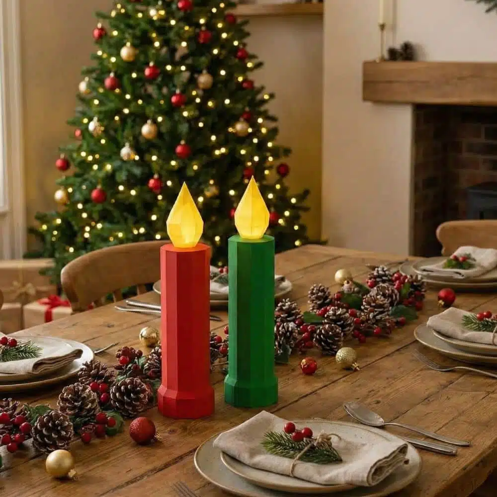 Vela de Natal vermelha e verde em Papercraft 3D