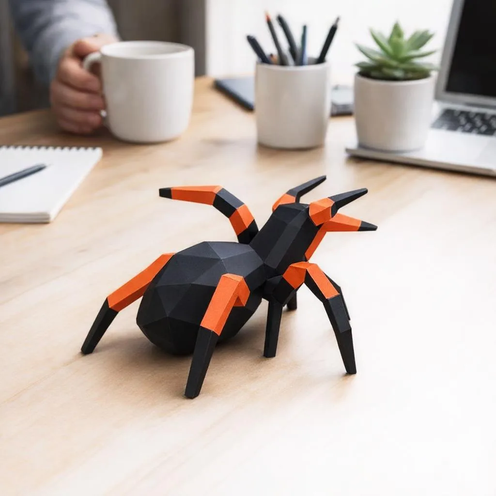 Aranha preta e laranja em papercraft 3D
