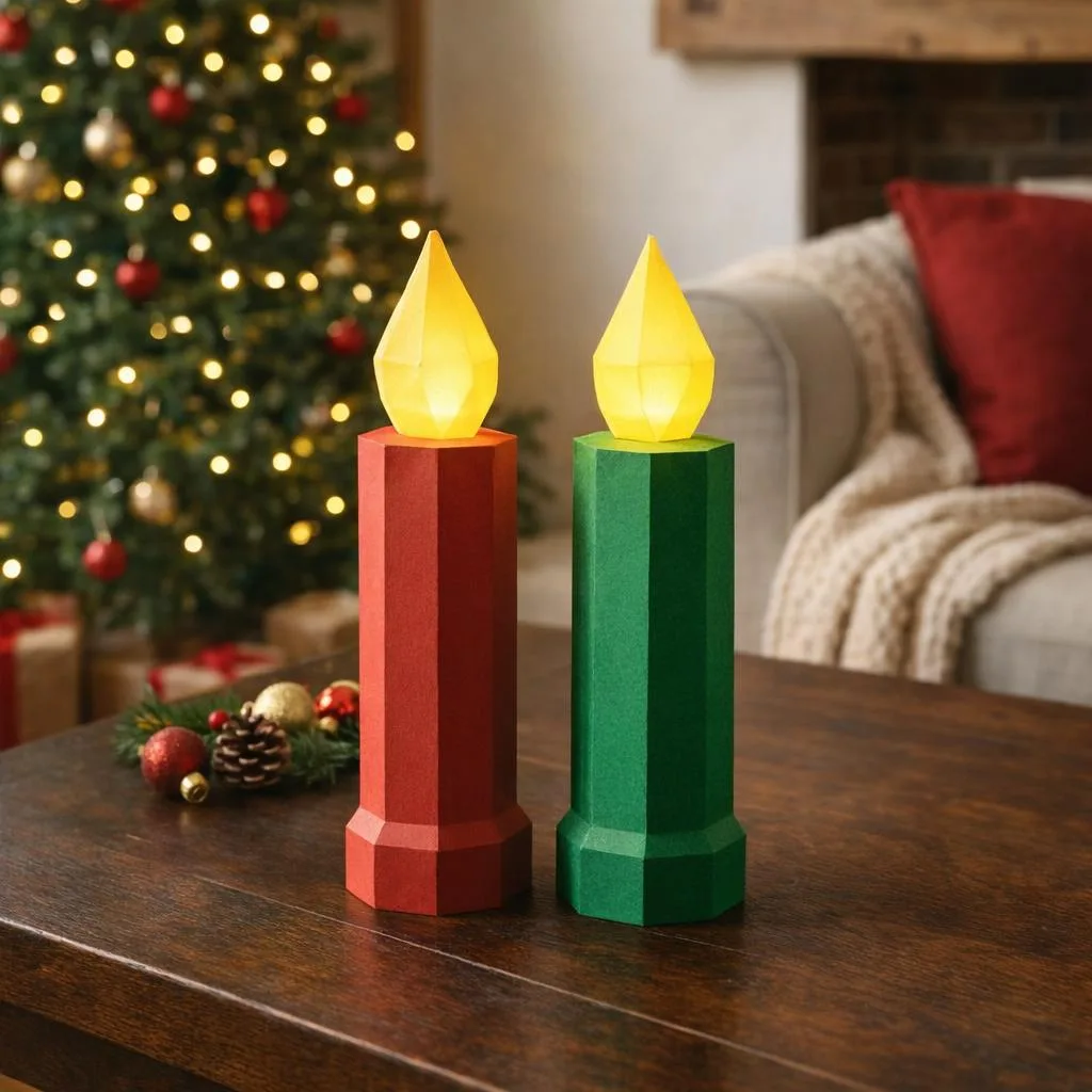 Vela de Natal vermelha e verde em Papercraft 3D