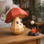 Mushroom roasting a marshmallow in 3D papercraft