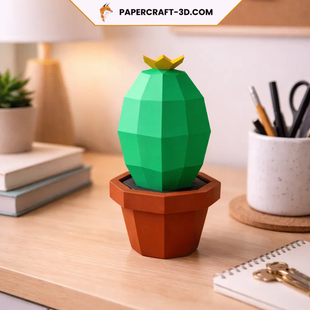 Pot avec cactus en papercraft 3D