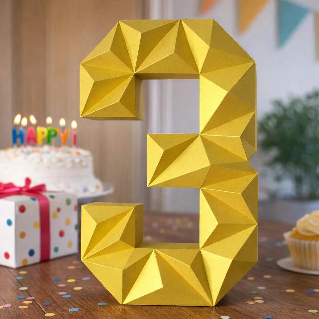 Papercraft Zahl 3 in 3D – PDF‑Modell zum Ausdrucken für Geburtstagsdeko oder festliche Events