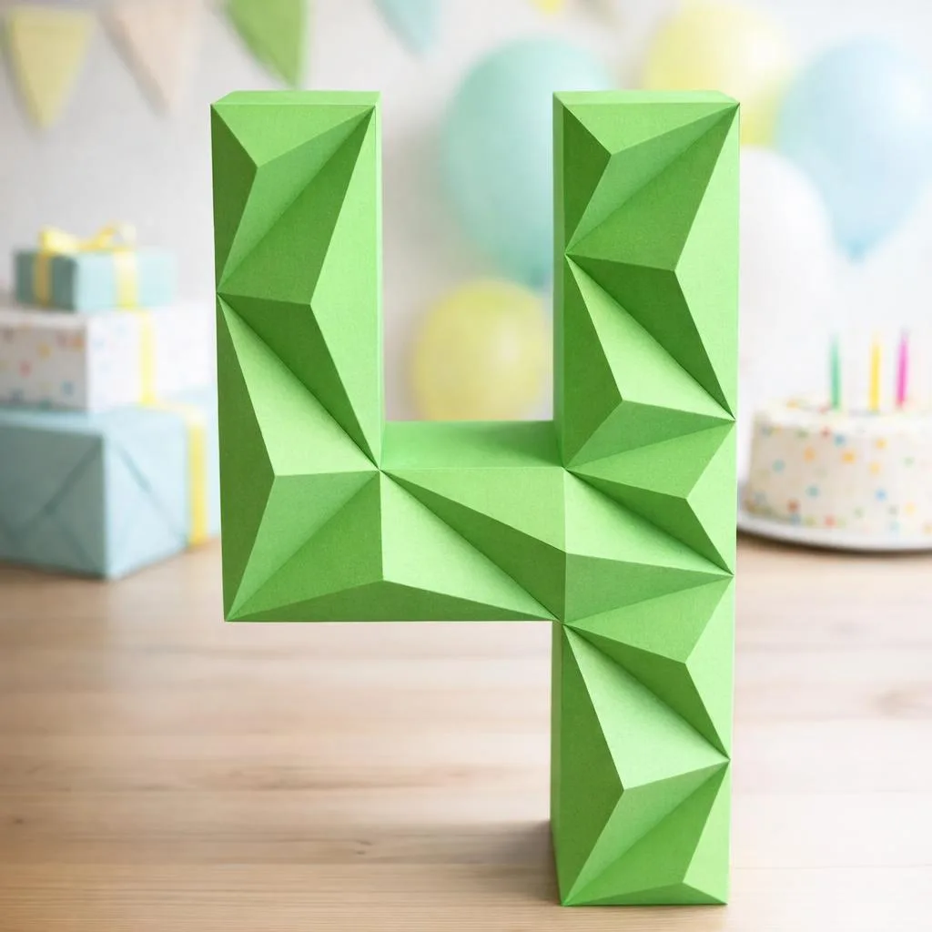 Número 4 em papercraft 3D – modelo PDF para aniversário, decoração DIY e eventos festivos