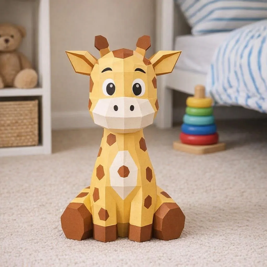 Cucciolo di giraffa seduto in papercraft 3D