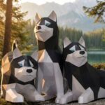 Husky acostado en papercraft 3D