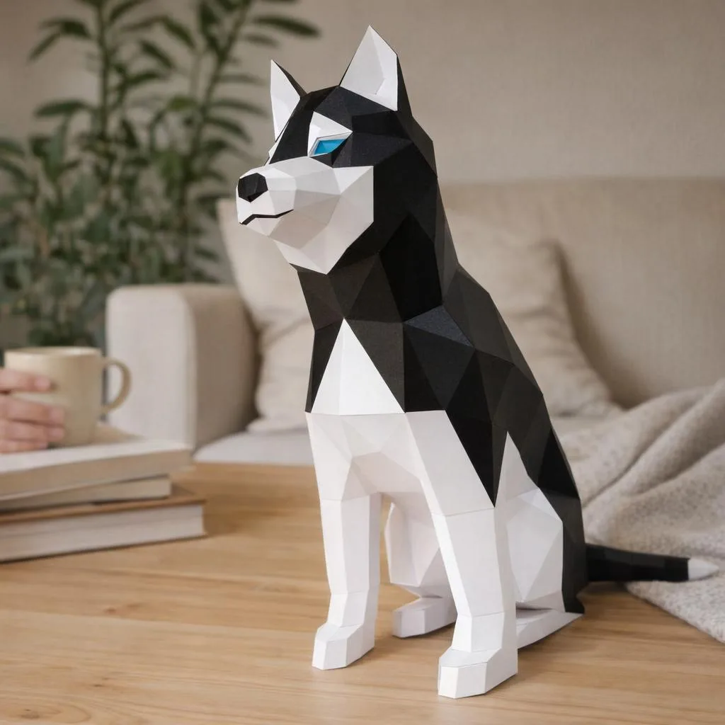 Sitzender Husky als 3D-Papercraft