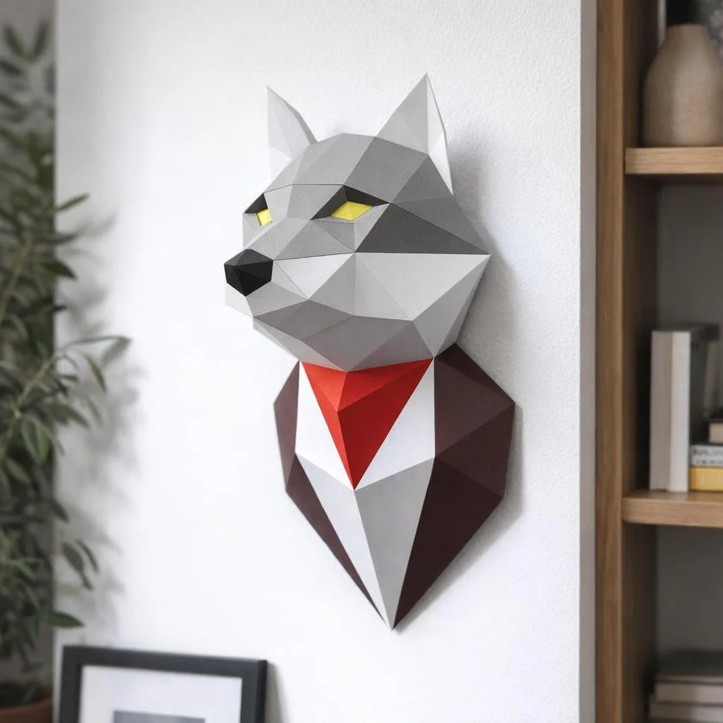 Cabeça de lobo cinza de parede em papercraft 3D
