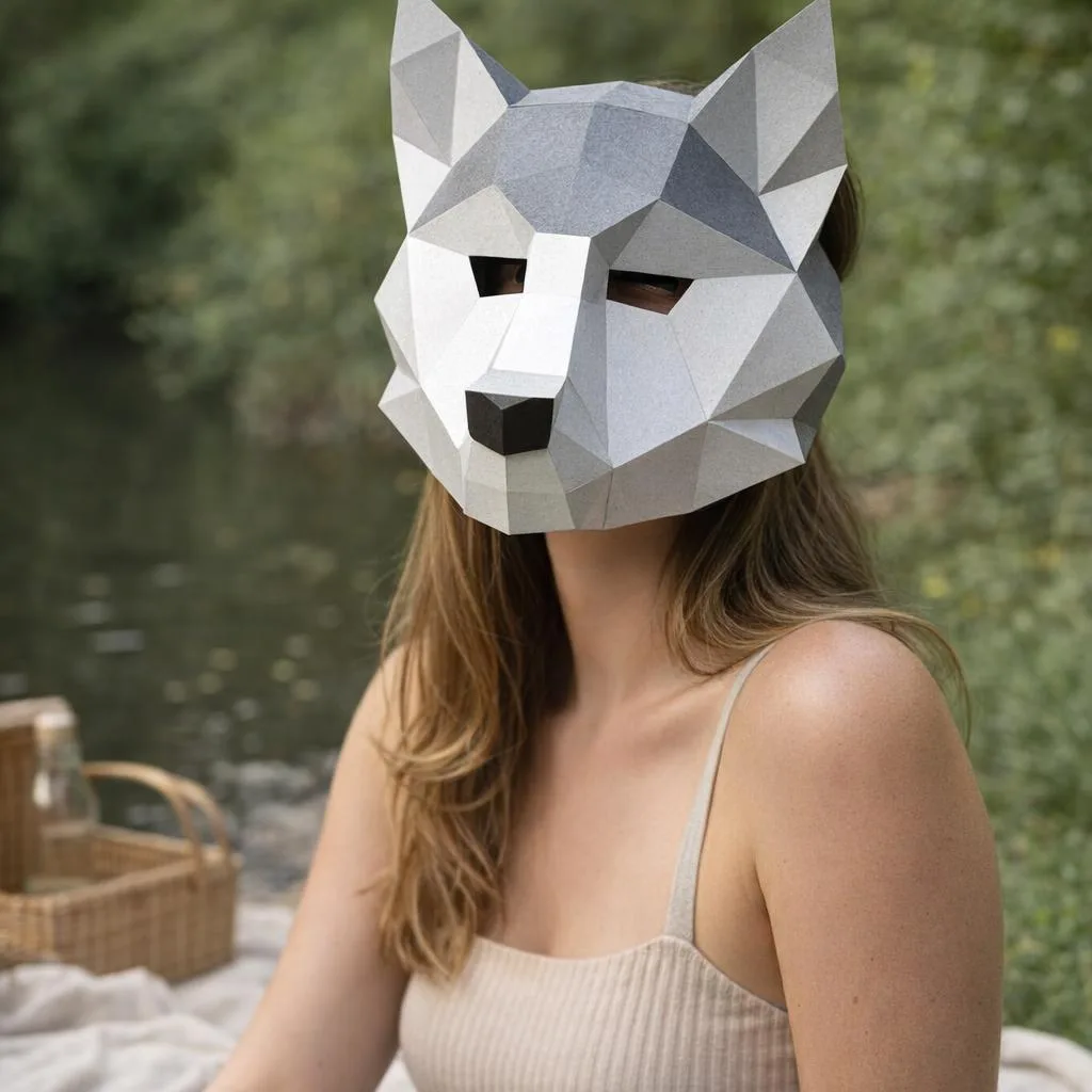 Papercraft masque de loup gris clair en origami 3D