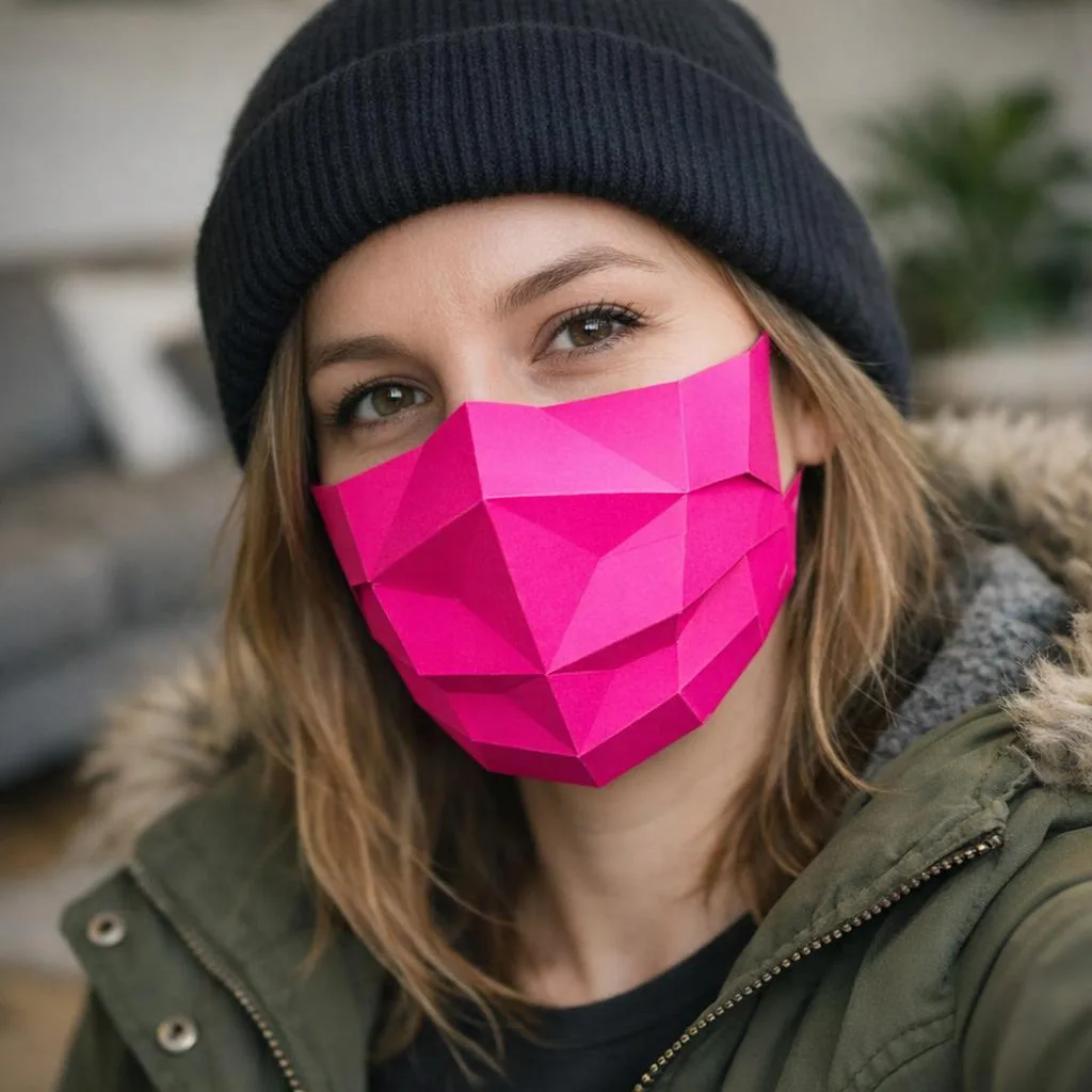 Rosa polygonale Papercraft‑Maske 3D für Halloween