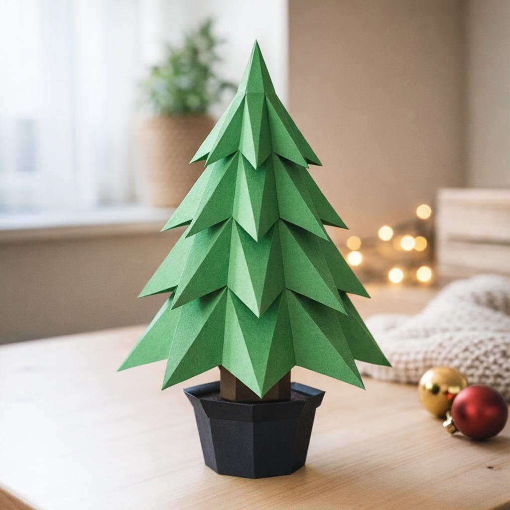 Papercraft árbol de Navidad en maceta en origami 3D