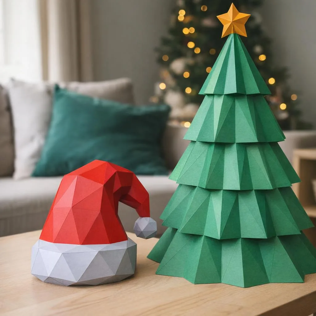 3D Origami Papercraft Christmas Tree and Festive Hat